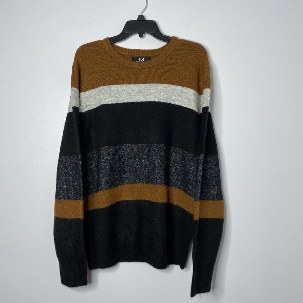Magaschoni Men's Sweater Size M Crew Neck Long Sleeve Dark Orange Combo Striped